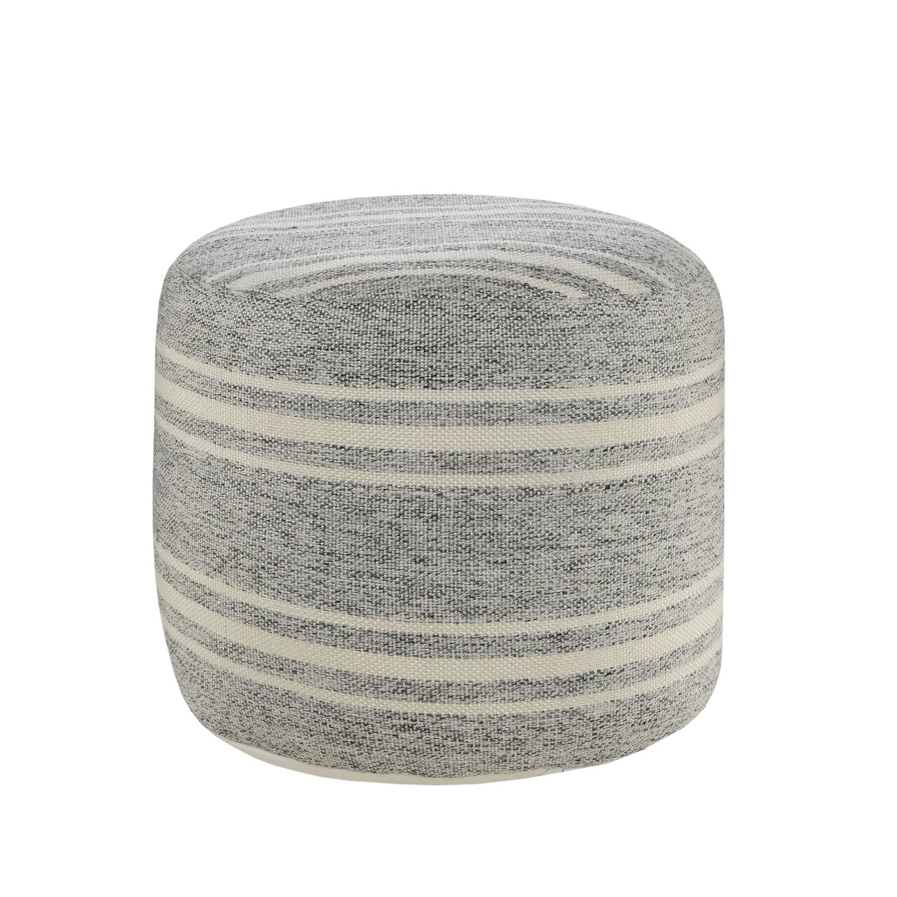Laddha Home Designs 18" Gray and White Triple Striped Round Outdoor Patio Pouf Ottoman